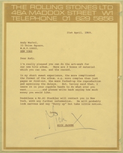 Mick Jagger's 1969 letter to Andy Warhol sending him material and a copy of Sticky Fingers and asking him to design somerthing wild.